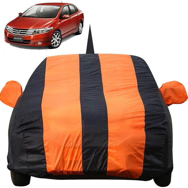 Autofact City Ivtech Car Cover - EasyShield - Car Body Cover for Honda City Ivtech - With Mirror Pockets, Triple Stitched, Bottom Fully Elastic, Adjustable Belt and Buckle (Orange Blue Stripes)