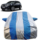 Autofact Terrano Car Cover - FlexGuard - Waterproof Car Body Cover for Nissan Terrano - With Mirror Pockets, Triple Stitched, Bottom Fully Elastic, Adjustable Belt and Buckle (Silver / Blue Stripes)