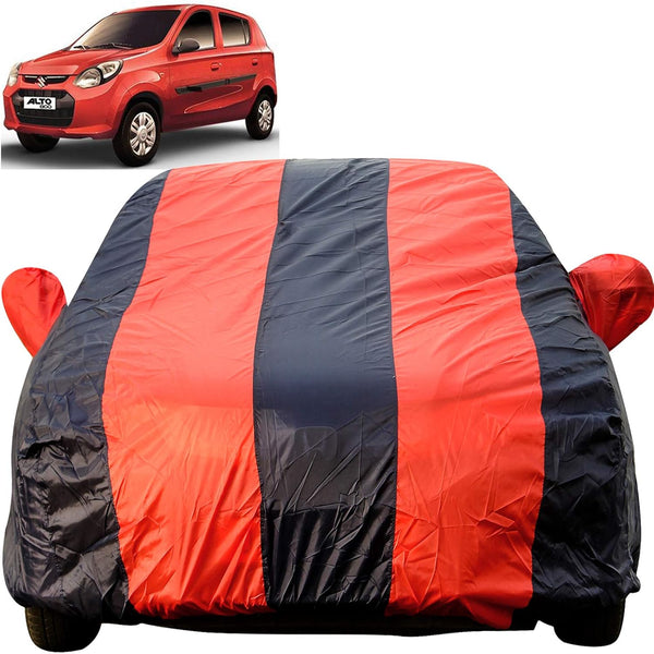 Autofact Alto 800 Car Cover - EasyShield - Car Body Cover for Maruti Alto 800 - With Mirror Pockets, Triple Stitched, Bottom Fully Elastic, Adjustable Belt and Buckle (Red Blue Stripes)