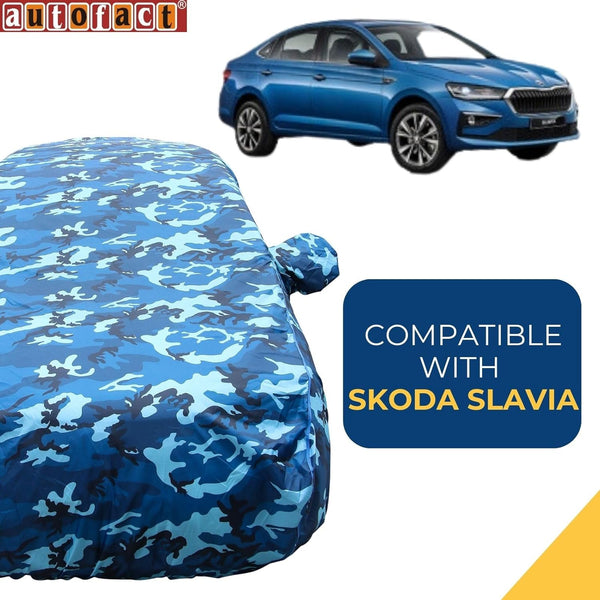 Autofact Slavia Car Cover - TearTough - Dog Proof / Waterproof Car Body Cover for Skoda Slavia - With Mirror Pockets, Triple Stitched, Bottom Fully Elastic, Adjustable Belt and Buckle (Airforce Blue 4x4)