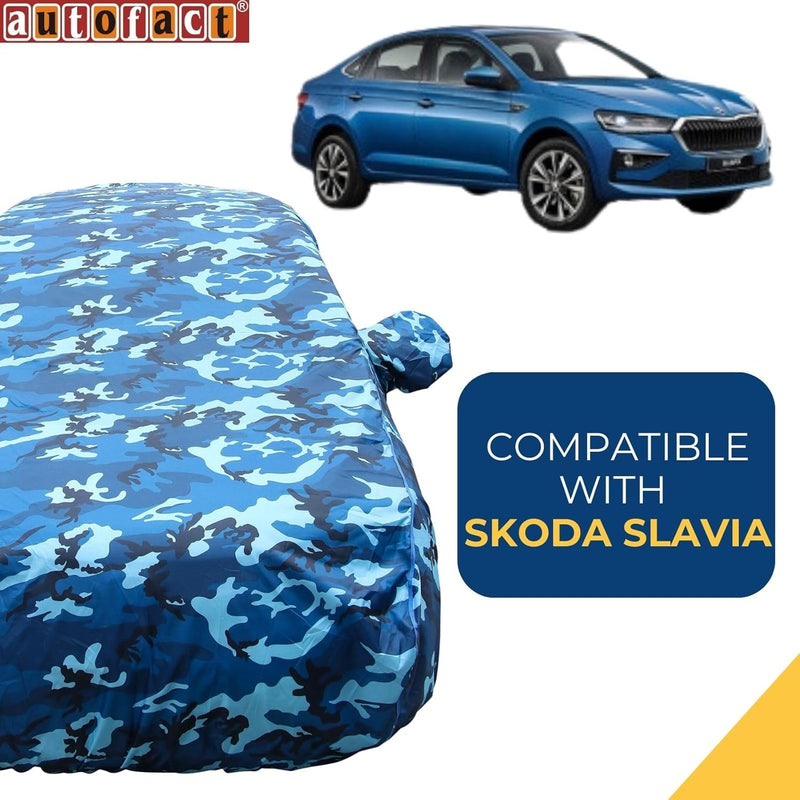 Autofact Slavia Car Cover - TearTough - Dog Proof / Waterproof Car Body Cover for Skoda Slavia - With Mirror Pockets, Triple Stitched, Bottom Fully Elastic, Adjustable Belt and Buckle (Airforce Blue 4x4)