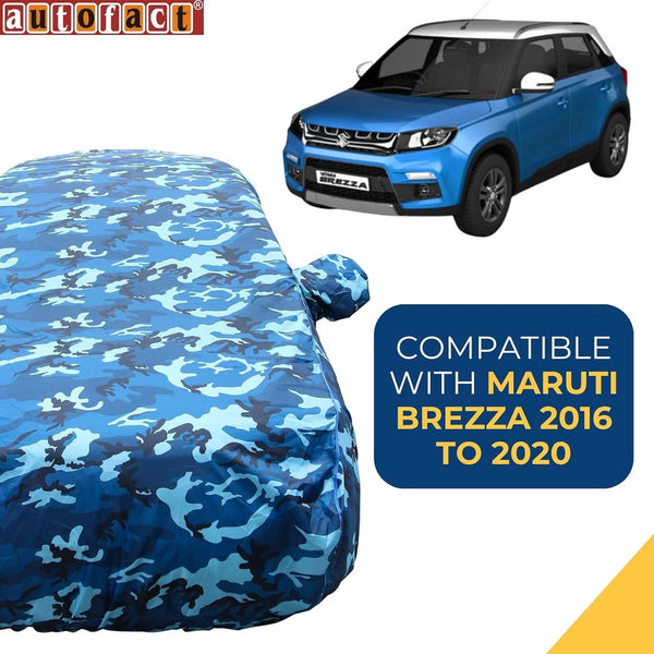 Autofact Brezza Car Cover - TearTough - Dog Proof / Waterproof Car Body Cover for Maruti Brezza - With Mirror Pockets, Triple Stitched, Bottom Fully Elastic, Adjustable Belt and Buckle (Airforce Blue 4x4)