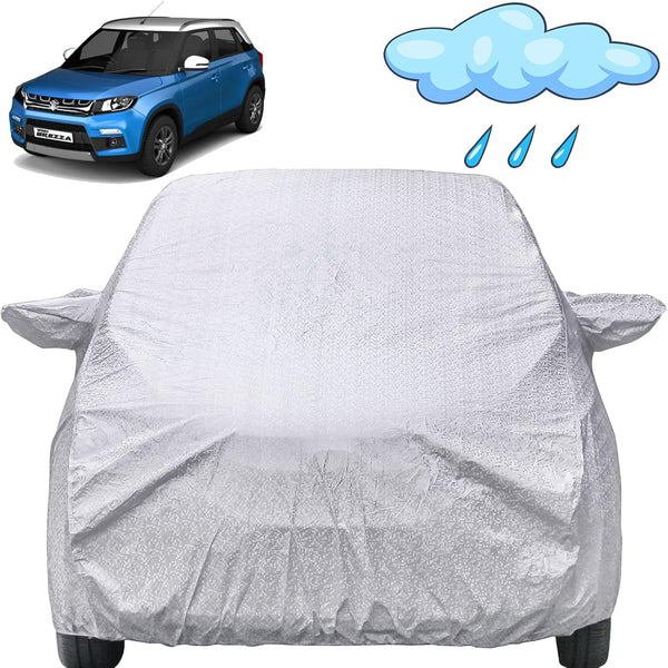 Autofact Brezza Car Cover - FlexGuard - Waterproof Car Body Cover for Maruti Brezza - With Mirror Pockets, Triple Stitched, Bottom Fully Elastic, Adjustable Belt and Buckle (Silver)