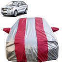 Autofact Sail Car Cover - FlexGuard - Waterproof Car Body Cover for Chevrolet Sail - With Mirror Pockets, Triple Stitched, Bottom Fully Elastic, Adjustable Belt and Buckle (Silver / Pink Stripes)