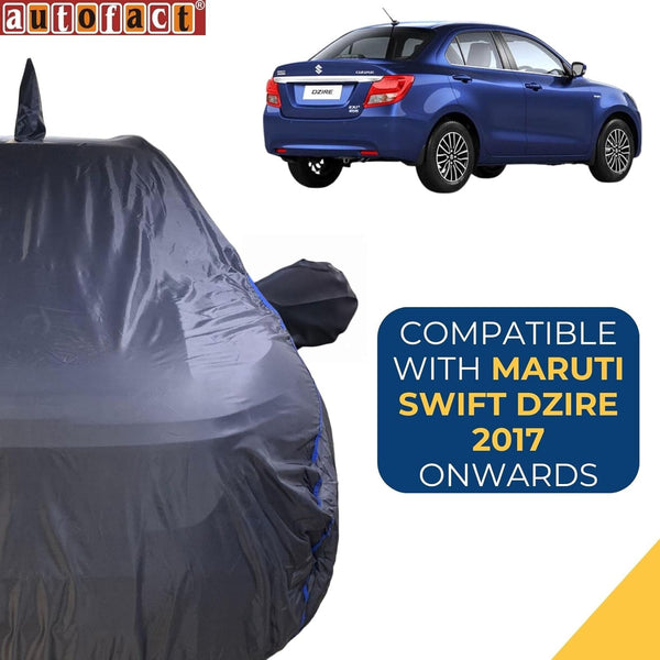 Autofact Swift Dzire New Model Car Cover - CoreProtect - Water Resistant Car Body Cover for Maruti Swift Dzire New Model - With Mirror & Antenna Pockets, Triple Stitched, Bottom Fully Elastic, Adjustable Belt and Buckle (Grey 210D)