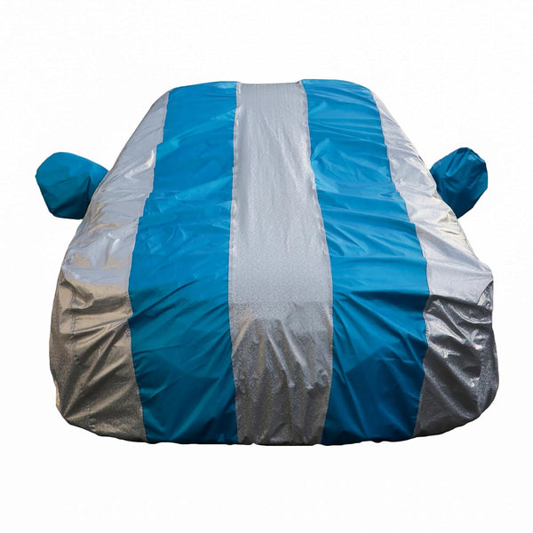 Autofact A4 Car Cover - FlexGuard - Waterproof Car Body Cover for Audi A4 - With Mirror Pockets, Triple Stitched, Bottom Fully Elastic, Adjustable Belt and Buckle (Silver / Blue Stripes)