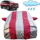 Autofact Meridian Car Cover - FlexGuard - Waterproof Car Body Cover for Jeep Meridian - With Mirror Pockets, Triple Stitched, Bottom Fully Elastic, Adjustable Belt and Buckle (Silver / Pink Stripes)