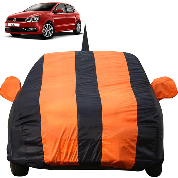 Autofact Polo Car Cover - EasyShield - Car Body Cover for Volkswagen Polo - With Mirror Pockets, Triple Stitched, Bottom Fully Elastic, Adjustable Belt and Buckle (Orange Blue Stripes)