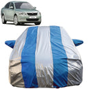 Autofact Laura Car Cover - FlexGuard - Waterproof Car Body Cover for Skoda Laura - With Mirror Pockets, Triple Stitched, Bottom Fully Elastic, Adjustable Belt and Buckle (Silver / Blue Stripes)