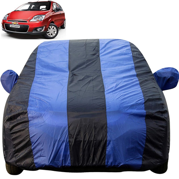 Autofact Spark Car Cover - EasyShield - Car Body Cover for Chevrolet Spark - With Mirror Pockets, Triple Stitched, Bottom Fully Elastic, Adjustable Belt and Buckle (Royal Blue Stripes)