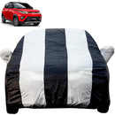Autofact KUV100 Car Cover - EasyShield - Car Body Cover for Mahindra KUV100 - With Mirror Pockets, Triple Stitched, Bottom Fully Elastic, Adjustable Belt and Buckle (White Blue Stripes)