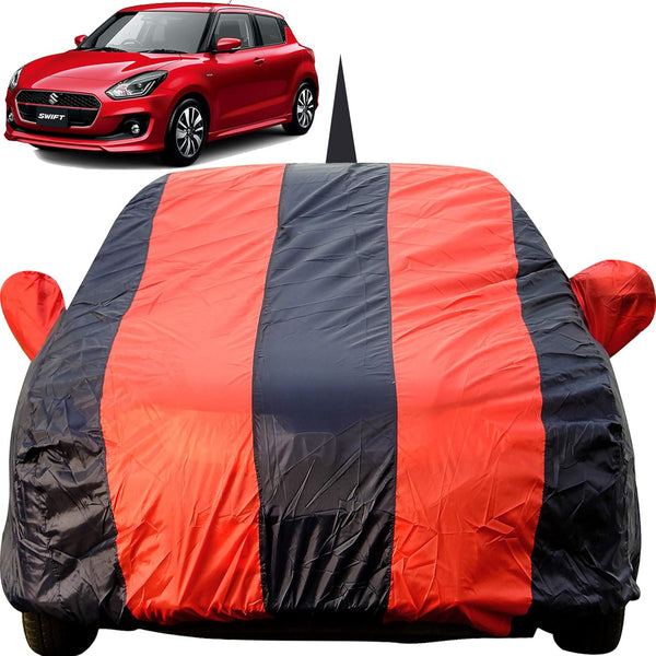 Autofact Swift Car Cover - EasyShield - Car Body Cover for Maruti Swift - With Mirror Pockets, Triple Stitched, Bottom Fully Elastic, Adjustable Belt and Buckle (Red Blue Stripes)