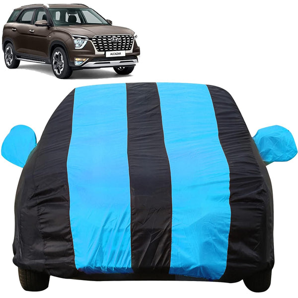 Autofact Alcazar Car Cover - EasyShield - Car Body Cover for Hyundai Alcazar - With Mirror Pockets, Triple Stitched, Bottom Fully Elastic, Adjustable Belt and Buckle (Teak Blue Stripes)