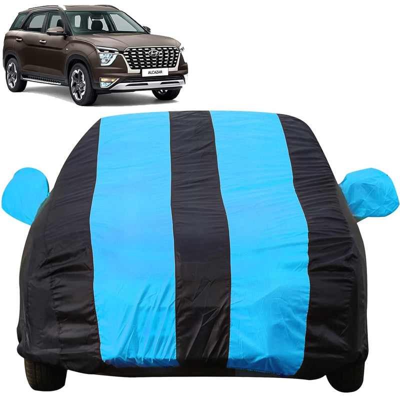 Autofact Alcazar Car Cover - EasyShield - Car Body Cover for Hyundai Alcazar - With Mirror Pockets, Triple Stitched, Bottom Fully Elastic, Adjustable Belt and Buckle (Teak Blue Stripes)