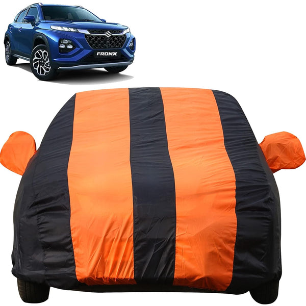 Autofact Fronx Car Cover - EasyShield - Car Body Cover for Maruti Fronx - With Mirror Pockets, Triple Stitched, Bottom Fully Elastic, Adjustable Belt and Buckle (Orange Blue Stripes)
