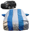 Autofact Compass Car Cover - FlexGuard - Waterproof Car Body Cover for Jeep Compass - With Mirror Pockets, Triple Stitched, Bottom Fully Elastic, Adjustable Belt and Buckle (Silver / Blue Stripes)