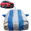 Autofact Magnite Car Cover - FlexGuard - Waterproof Car Body Cover for Nissan Magnite - With Mirror & Antenna Pockets, Triple Stitched, Bottom Fully Elastic, Adjustable Belt and Buckle (Silver / Blue Stripes)