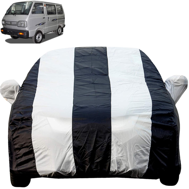 Autofact Van / Omni Car Cover - EasyShield - Car Body Cover for Maruti Van / Omni - With Mirror Pockets, Triple Stitched, Bottom Fully Elastic, Adjustable Belt and Buckle (White Blue Stripes)