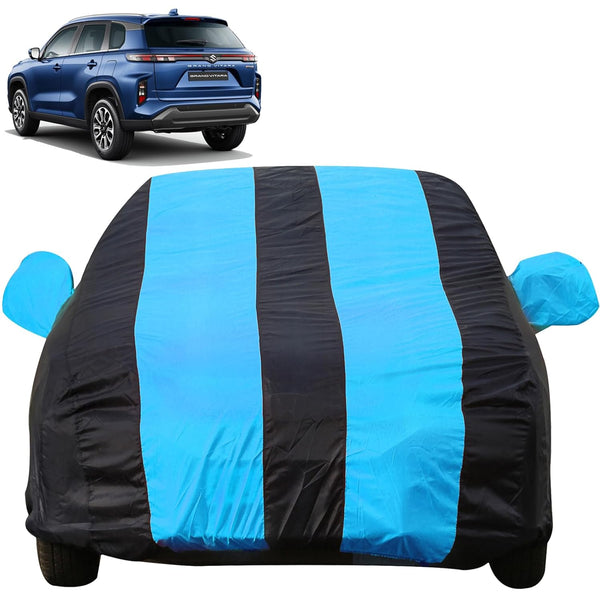 Autofact Grand Vitara Car Cover - EasyShield - Car Body Cover for Maruti Grand Vitara - With Mirror Pockets, Triple Stitched, Bottom Fully Elastic, Adjustable Belt and Buckle (Teak Blue Stripes)