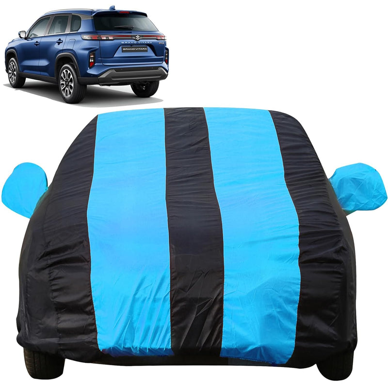 Autofact Grand Vitara Car Cover - EasyShield - Car Body Cover for Maruti Grand Vitara - With Mirror Pockets, Triple Stitched, Bottom Fully Elastic, Adjustable Belt and Buckle (Teak Blue Stripes)