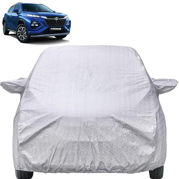 Autofact Fronx Car Cover - FlexGuard - Waterproof Car Body Cover for Maruti Fronx - With Mirror Pockets, Triple Stitched, Bottom Fully Elastic, Adjustable Belt and Buckle (Silver)