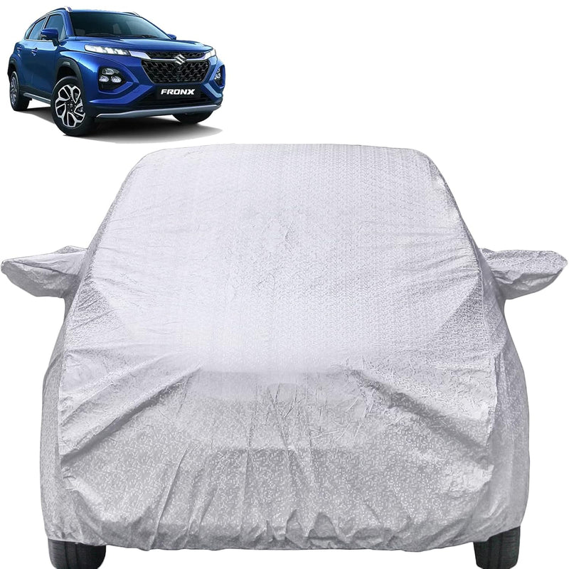 Autofact Fronx Car Cover - FlexGuard - Waterproof Car Body Cover for Maruti Fronx - With Mirror Pockets, Triple Stitched, Bottom Fully Elastic, Adjustable Belt and Buckle (Silver)