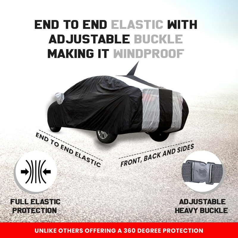 Autofact Swift Car Cover - EasyShield - Car Body Cover for Maruti Swift - With Mirror Pockets, Triple Stitched, Bottom Fully Elastic, Adjustable Belt and Buckle (White Blue Stripes)