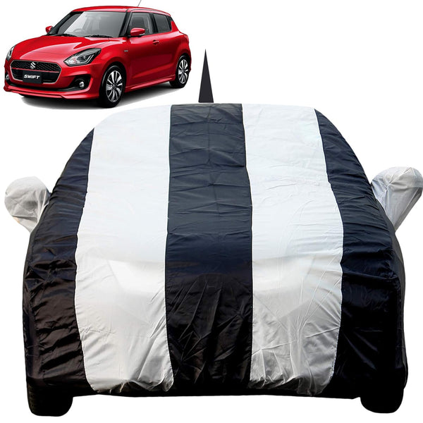 Autofact Swift Car Cover - EasyShield - Car Body Cover for Maruti Swift - With Mirror Pockets, Triple Stitched, Bottom Fully Elastic, Adjustable Belt and Buckle (White Blue Stripes)