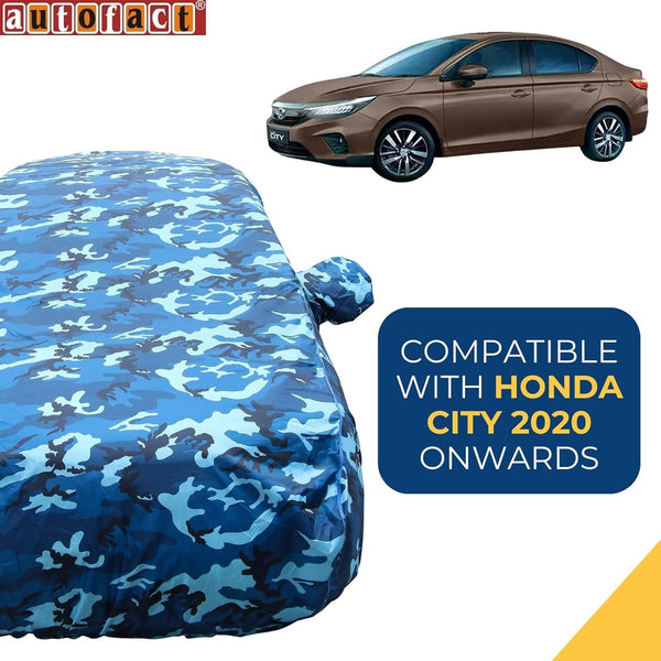 Autofact New City Car Cover - TearTough - Dog Proof / Waterproof Car Body Cover for Honda New City - With Mirror Pockets, Triple Stitched, Bottom Fully Elastic, Adjustable Belt and Buckle (Airforce Blue 4x4)