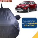 Autofact i20 Active Car Cover - CoreProtect - Water Resistant Car Body Cover for Hyundai i20 Active - With Mirror & Antenna Pockets, Triple Stitched, Bottom Fully Elastic, Adjustable Belt and Buckle (Grey 210D)