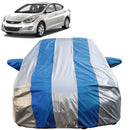 Autofact Elantra Car Cover - FlexGuard - Waterproof Car Body Cover for Hyundai Elantra - With Mirror Pockets, Triple Stitched, Bottom Fully Elastic, Adjustable Belt and Buckle (Silver / Blue Stripes)