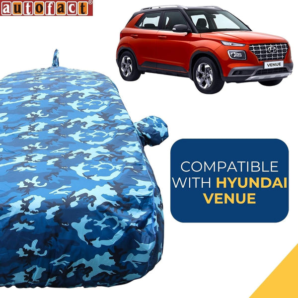 Autofact Venue Car Cover - TearTough - Dog Proof / Waterproof Car Body Cover for Hyundai Venue - With Mirror & Antenna Pockets, Triple Stitched, Bottom Fully Elastic, Adjustable Belt and Buckle (Airforce Blue 4x4)