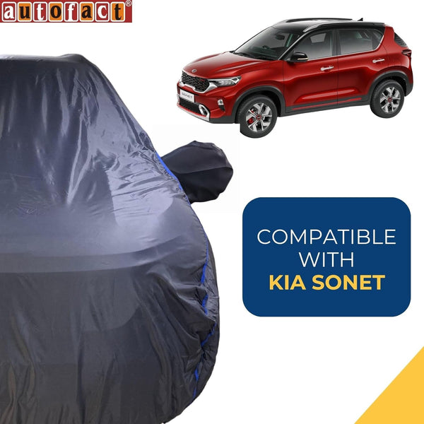 Autofact Sonet Car Cover - CoreProtect - Water Resistant Car Body Cover for Kia Sonet - With Mirror Pockets, Triple Stitched, Bottom Fully Elastic, Adjustable Belt and Buckle (Grey 210D)