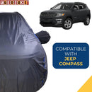 Autofact Compass Car Cover - CoreProtect - Water Resistant Car Body Cover for Jeep Compass - With Mirror Pockets, Triple Stitched, Bottom Fully Elastic, Adjustable Belt and Buckle (Grey 210D)