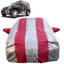 Autofact Bolero Car Cover - FlexGuard - Waterproof Car Body Cover for Mahindra Bolero - With Mirror Pockets, Triple Stitched, Bottom Fully Elastic, Adjustable Belt and Buckle (Silver / Pink Stripes)
