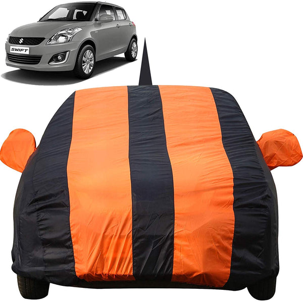 Autofact Swift Old Model Car Cover - EasyShield - Car Body Cover for Maruti Swift Old Model - With Mirror Pockets, Triple Stitched, Bottom Fully Elastic, Adjustable Belt and Buckle (Orange Blue Stripes)