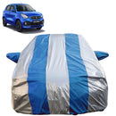 Autofact Celerio New Model Car Cover - FlexGuard - Waterproof Car Body Cover for Maruti Celerio New Model - With Mirror Pockets, Triple Stitched, Bottom Fully Elastic, Adjustable Belt and Buckle (Silver / Blue Stripes)