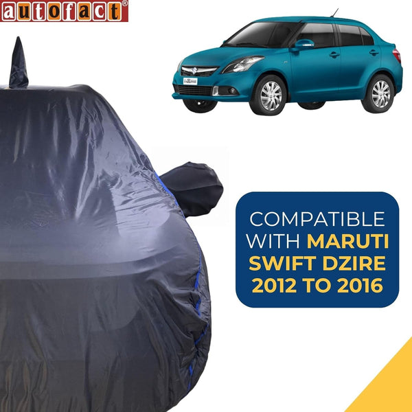 Autofact Swift Dzire 2012 to 2016 Car Cover - CoreProtect - Water Resistant Car Body Cover for Maruti Swift Dzire 2012 to 2016 - With Mirror & Antenna Pockets, Triple Stitched, Bottom Fully Elastic, Adjustable Belt and Buckle (Grey 210D)