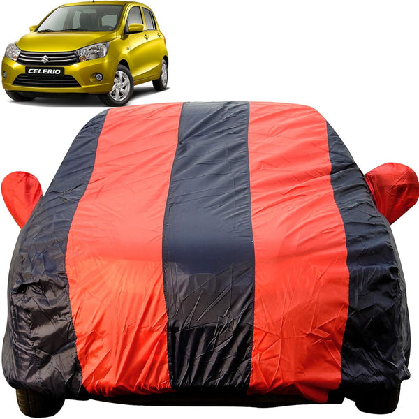 Autofact Celerio Old Model Car Cover - EasyShield - Car Body Cover for Maruti Celerio Old Model - With Mirror Pockets, Triple Stitched, Bottom Fully Elastic, Adjustable Belt and Buckle (Red Blue Stripes)