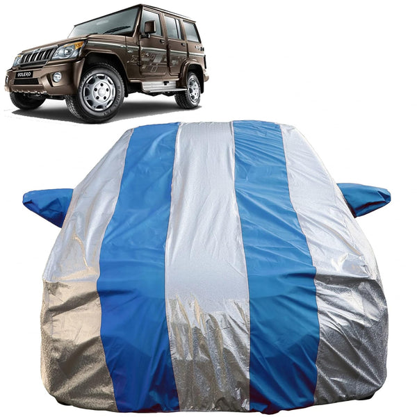 Autofact Bolero Car Cover - FlexGuard - Waterproof Car Body Cover for Mahindra Bolero - With Mirror Pockets, Triple Stitched, Bottom Fully Elastic, Adjustable Belt and Buckle (Silver / Blue Stripes)