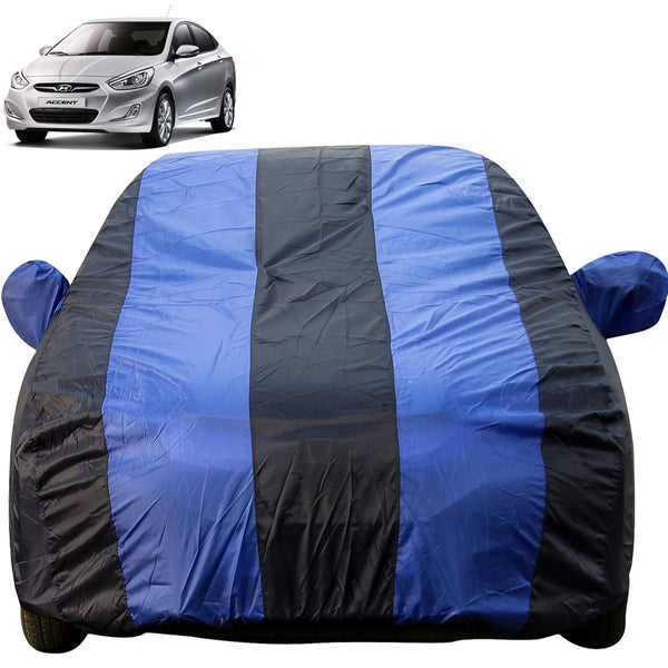 Autofact Accent Car Cover - EasyShield - Car Body Cover for Hyundai Accent - With Mirror Pockets, Triple Stitched, Bottom Fully Elastic, Adjustable Belt and Buckle (Royal Blue Stripes)
