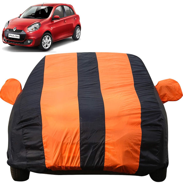 Autofact Pulse Car Cover - EasyShield - Car Body Cover for Renaults Pulse - With Mirror Pockets, Triple Stitched, Bottom Fully Elastic, Adjustable Belt and Buckle (Orange Blue Stripes)