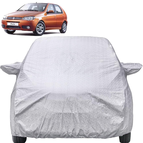 Autofact Palio Car Cover - FlexGuard - Waterproof Car Body Cover for Fiat Palio - With Mirror Pockets, Triple Stitched, Bottom Fully Elastic, Adjustable Belt and Buckle (Silver)