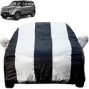 Autofact TUV 300 Car Cover - EasyShield - Car Body Cover for Mahindra TUV 300 - With Mirror Pockets, Triple Stitched, Bottom Fully Elastic, Adjustable Belt and Buckle (White Blue Stripes)