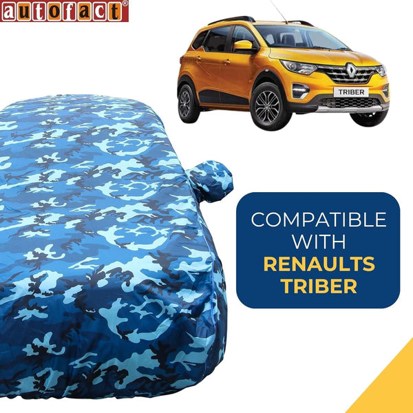 Autofact Triber Car Cover - TearTough - Dog Proof / Waterproof Car Body Cover for Renaults Triber - With Mirror Pockets, Triple Stitched, Bottom Fully Elastic, Adjustable Belt and Buckle (Airforce Blue 4x4)