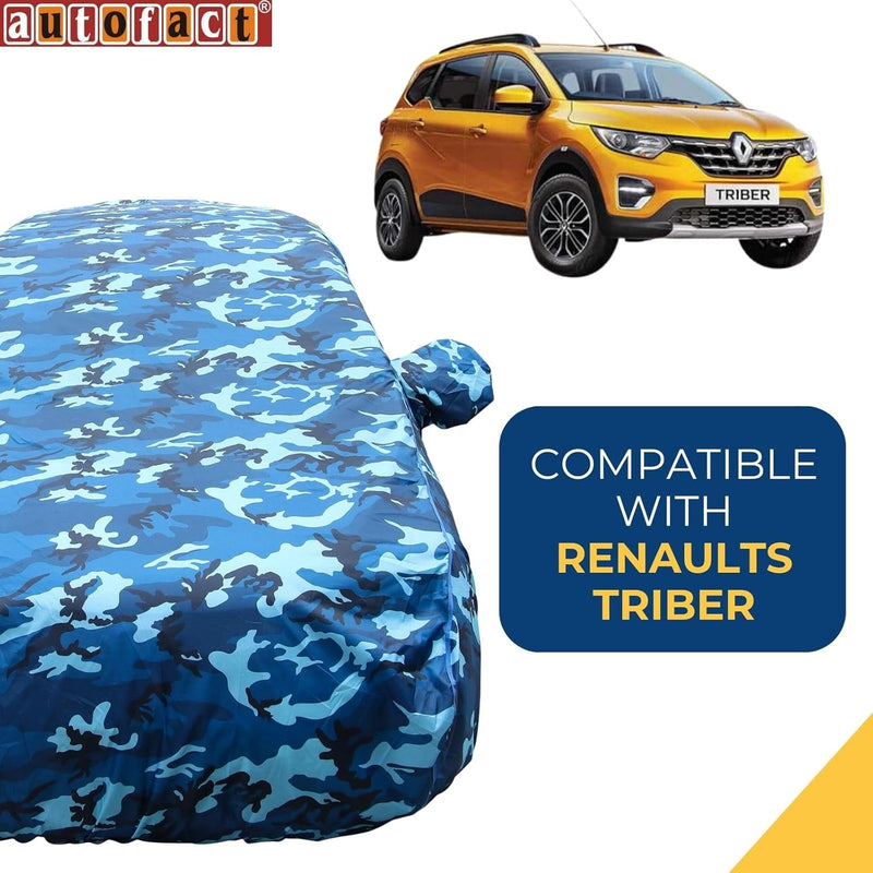 Autofact Triber Car Cover - TearTough - Dog Proof / Waterproof Car Body Cover for Renaults Triber - With Mirror Pockets, Triple Stitched, Bottom Fully Elastic, Adjustable Belt and Buckle (Airforce Blue 4x4)