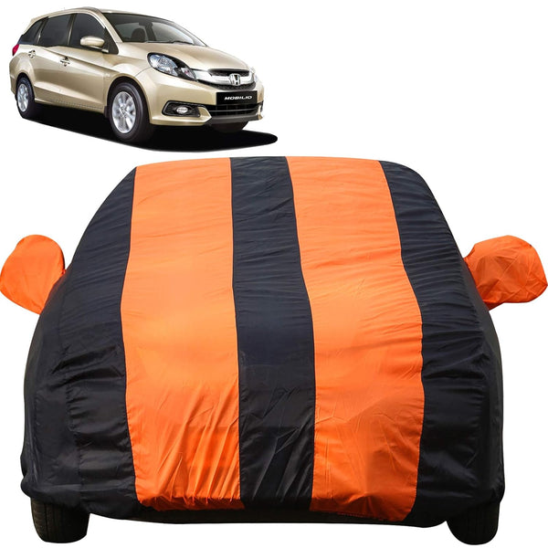 Autofact Mobilio Car Cover - EasyShield - Car Body Cover for Honda Mobilio - With Mirror Pockets, Triple Stitched, Bottom Fully Elastic, Adjustable Belt and Buckle (Orange Blue Stripes)