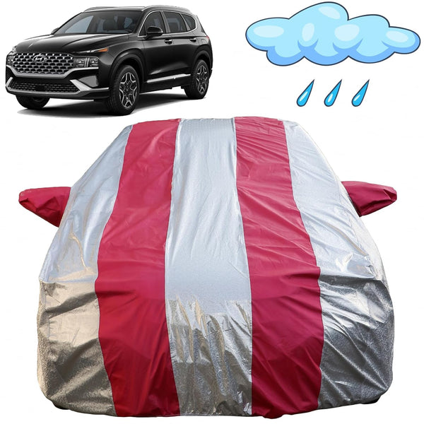 Autofact Santa Fe Car Cover - FlexGuard - Waterproof Car Body Cover for Hyundai Santa Fe - With Mirror Pockets, Triple Stitched, Bottom Fully Elastic, Adjustable Belt and Buckle (Silver / Pink Stripes)