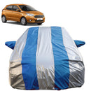 Autofact Figo Car Cover - FlexGuard - Waterproof Car Body Cover for Ford Figo - With Mirror Pockets, Triple Stitched, Bottom Fully Elastic, Adjustable Belt and Buckle (Silver / Blue Stripes)
