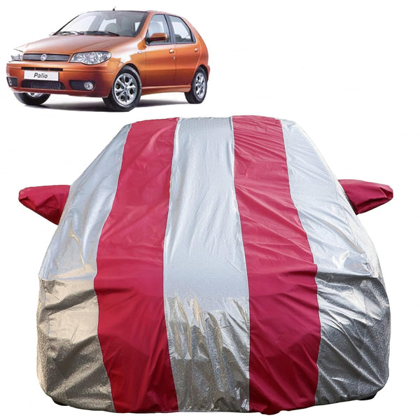 Autofact Palio Car Cover - FlexGuard - Waterproof Car Body Cover for Fiat Palio - With Mirror Pockets, Triple Stitched, Bottom Fully Elastic, Adjustable Belt and Buckle (Silver / Pink Stripes)